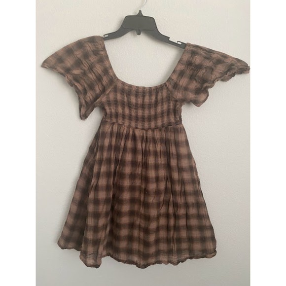 By Together Brown Plaid Short Sleeve Prairie Mini Dress S - Picture 4 of 9